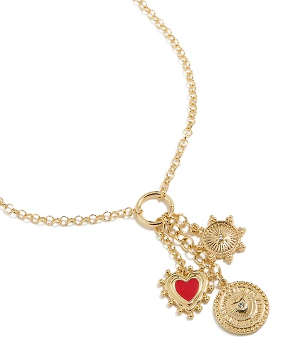 Gold Plated Diamante Disc & Red Heart Charm Necklace