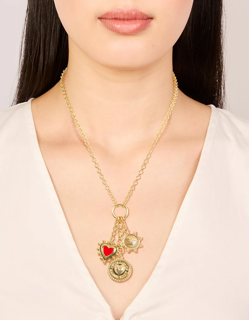 Gold Plated Diamante Disc & Red Heart Charm Necklace