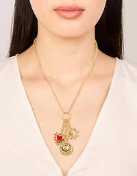 Gold Plated Diamante Disc & Red Heart Charm Necklace