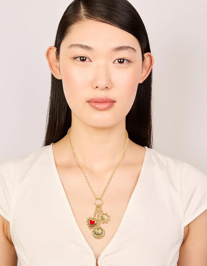 Gold Plated Diamante Disc & Red Heart Charm Necklace