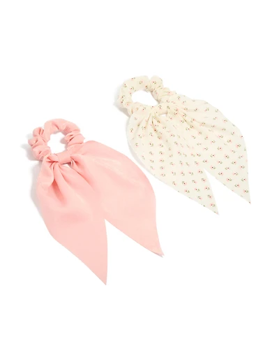 Printed Flowers & Pink Fabric Scarf Scrunchies 2-Pack