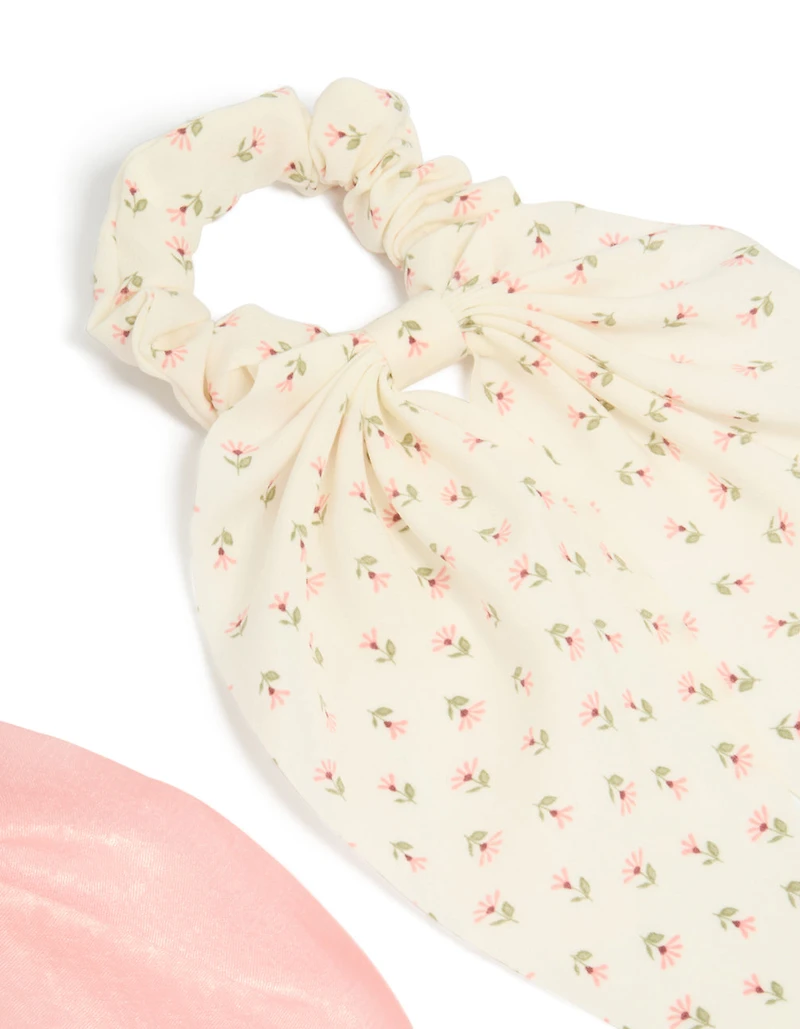 Printed Flowers & Pink Fabric Scarf Scrunchies 2-Pack