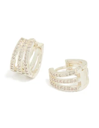 Silver Plated Cubic Zirconia Trio Layered Huggie Earrings