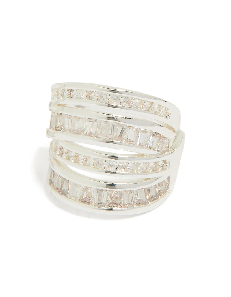 Silver Plated Cubic Zirconia 4 Layered Huggie Earrings