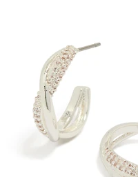 Silver Plated Cubic Zirconia Twist Hoop Earrings