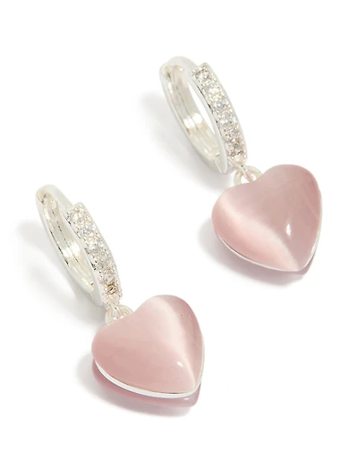 Silver Plated Pave Cubic Zirconia Heart Drop Huggie Earrings