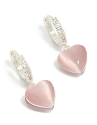 Silver Plated Pave Cubic Zirconia Heart Drop Huggie Earrings