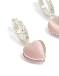Silver Plated Pave Cubic Zirconia Heart Drop Huggie Earrings