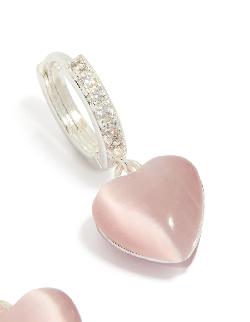 Silver Plated Pave Cubic Zirconia Heart Drop Huggie Earrings