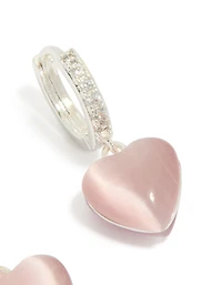Silver Plated Pave Cubic Zirconia Heart Drop Huggie Earrings