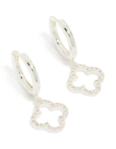 Silver Plated Cubic Zirconia Flower Huggie Drop Earrings