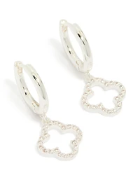 Silver Plated Cubic Zirconia Flower Huggie Drop Earrings