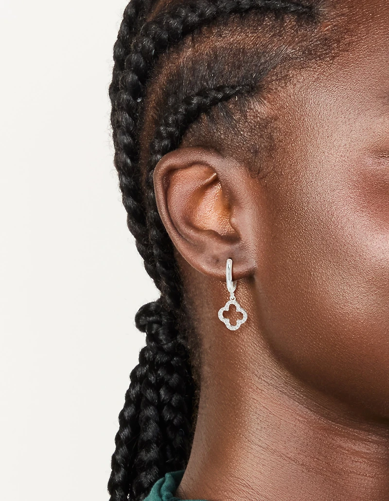 Silver Plated Cubic Zirconia Flower Huggie Drop Earrings