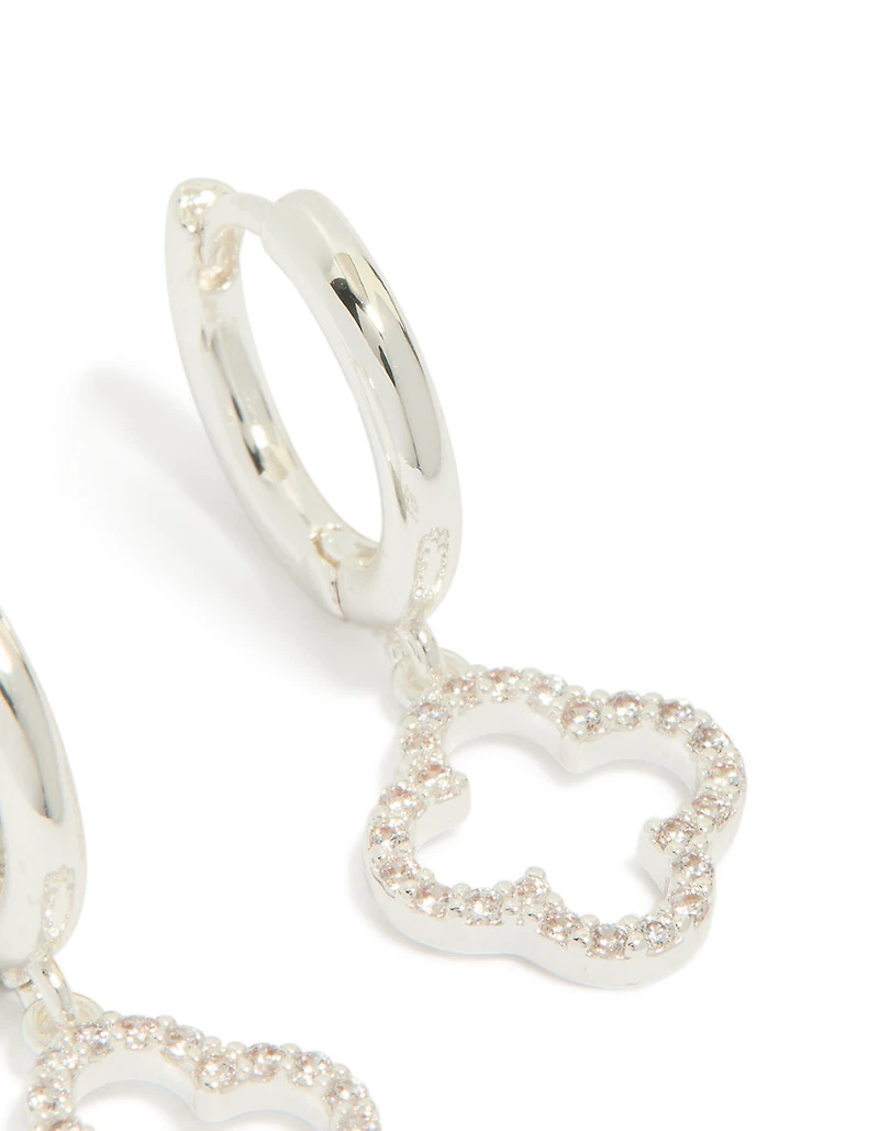Silver Plated Cubic Zirconia Flower Huggie Drop Earrings
