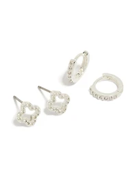 Silver Plated Cubic Zirconia Flower Stud & Huggie Earrings 2-Pack