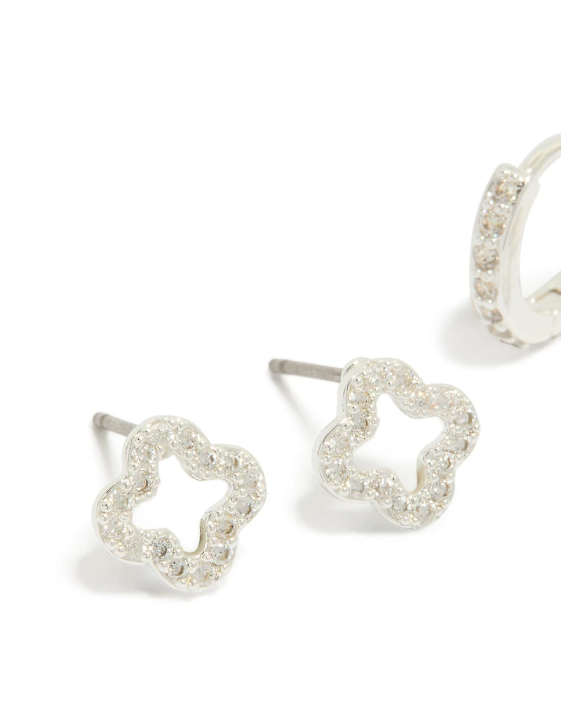 Silver Plated Cubic Zirconia Flower Stud & Huggie Earrings 2-Pack