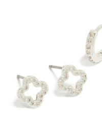 Silver Plated Cubic Zirconia Flower Stud & Huggie Earrings 2-Pack