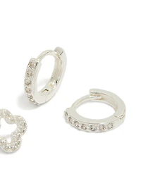 Silver Plated Cubic Zirconia Flower Stud & Huggie Earrings 2-Pack