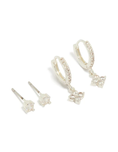 Silver Plated Cubic Zirconia Studs & Flower Huggie Earrings 2-Pack
