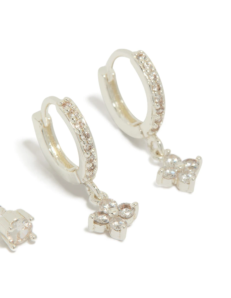Silver Plated Cubic Zirconia Studs & Flower Huggie Earrings 2-Pack