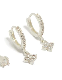 Silver Plated Cubic Zirconia Studs & Flower Huggie Earrings 2-Pack