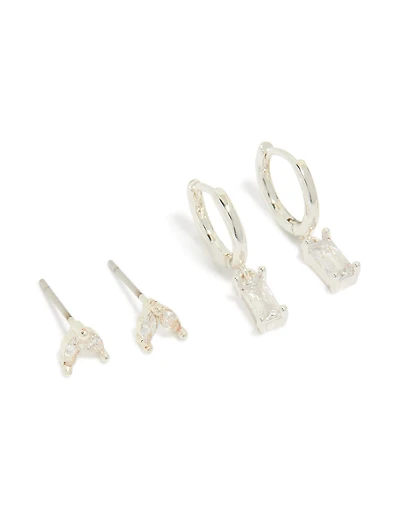Silver Plated Cubic Zirconia Leaf Studs & Baguette Huggie Earrings 2-Pack