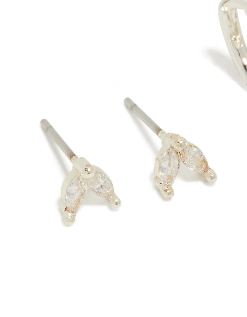 Silver Plated Cubic Zirconia Leaf Studs & Baguette Huggie Earrings 2-Pack