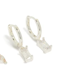 Silver Plated Cubic Zirconia Leaf Studs & Baguette Huggie Earrings 2-Pack