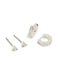 Silver Plated Cubic Zirconia Trio Stud & Huggie Earrings 2-Pack