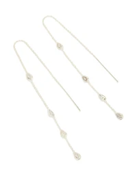 Silver Plated Station Pear Cubic Zirconia  Threader Earrings