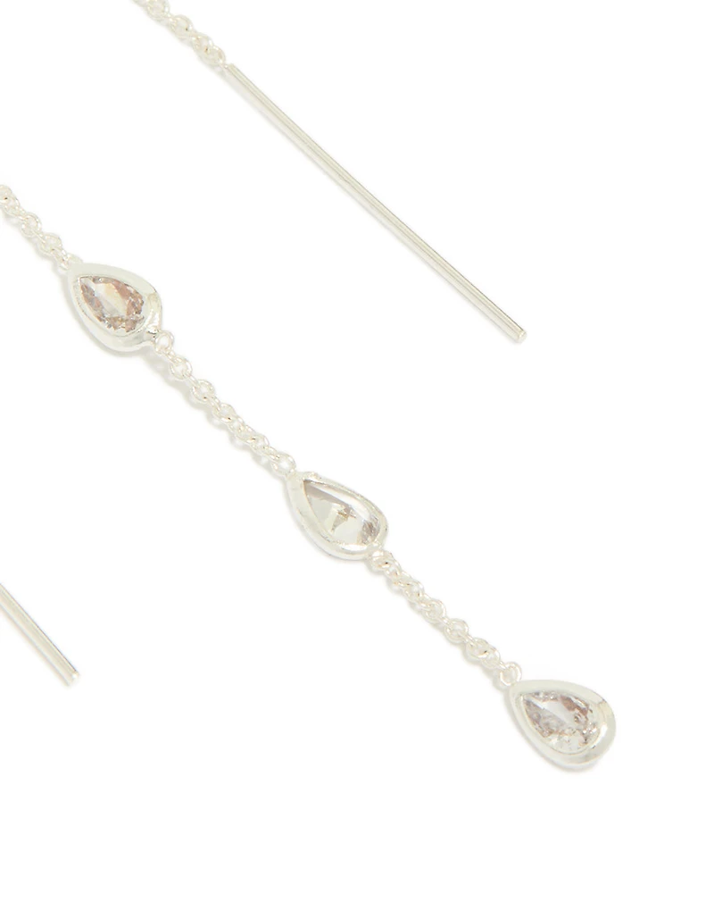 Silver Plated Station Pear Cubic Zirconia  Threader Earrings