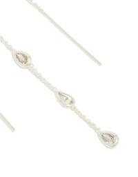 Silver Plated Station Pear Cubic Zirconia  Threader Earrings