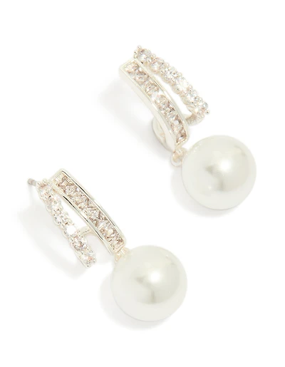 Silver Plated Cubic Zirconia Illusion Pearl Drop Earrings