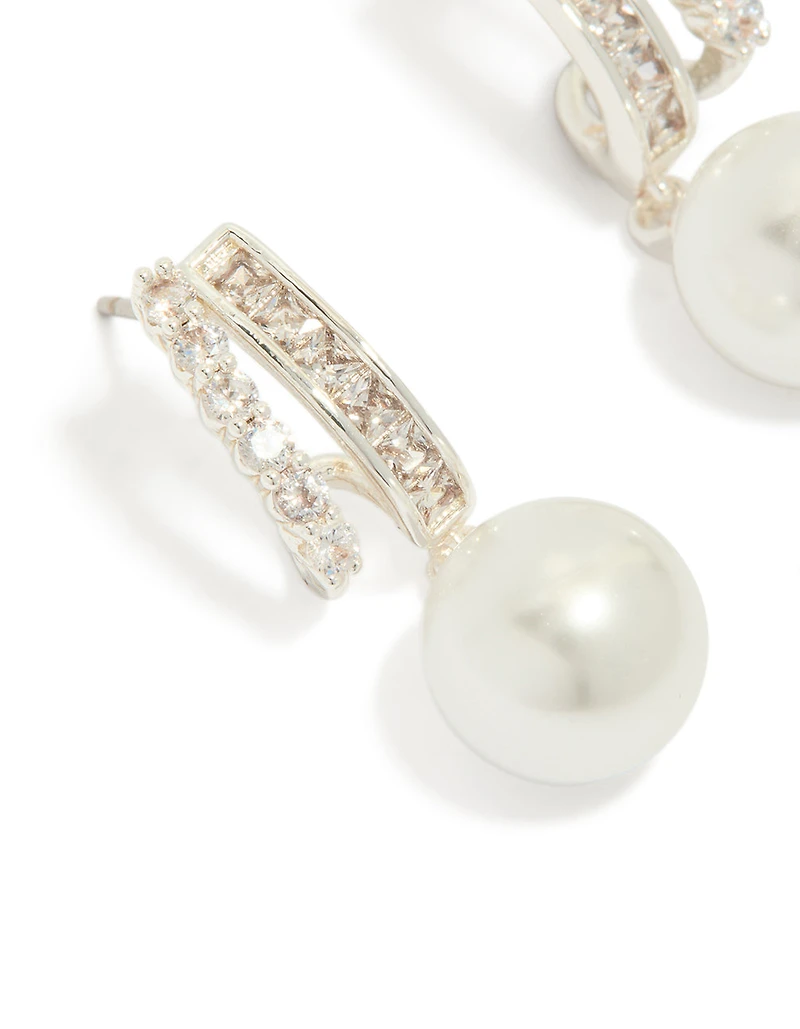 Silver Plated Cubic Zirconia Illusion Pearl Drop Earrings