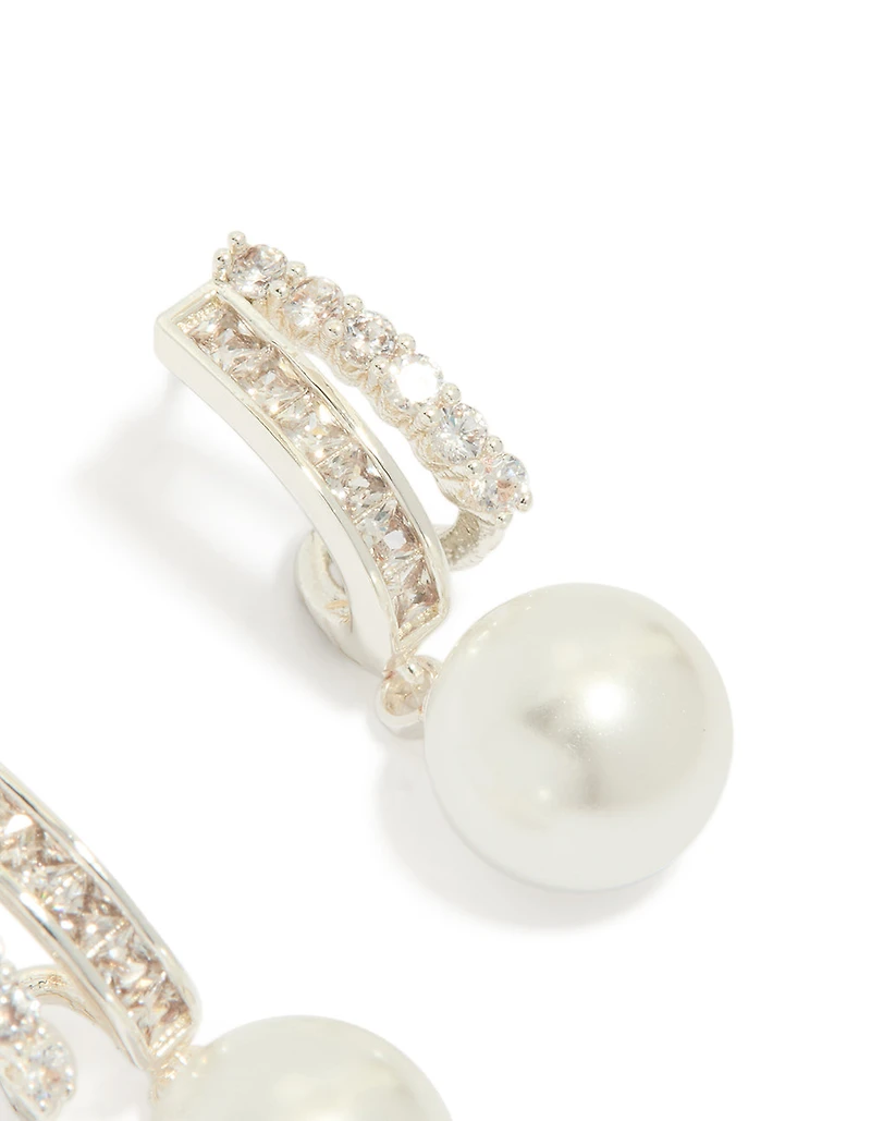 Silver Plated Cubic Zirconia Illusion Pearl Drop Earrings