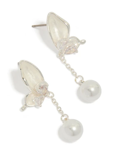 Silver Plated Enamel Butterfly Pearl Drop Earrings