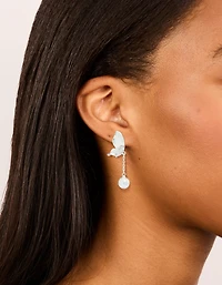 Silver Plated Enamel Butterfly Pearl Drop Earrings