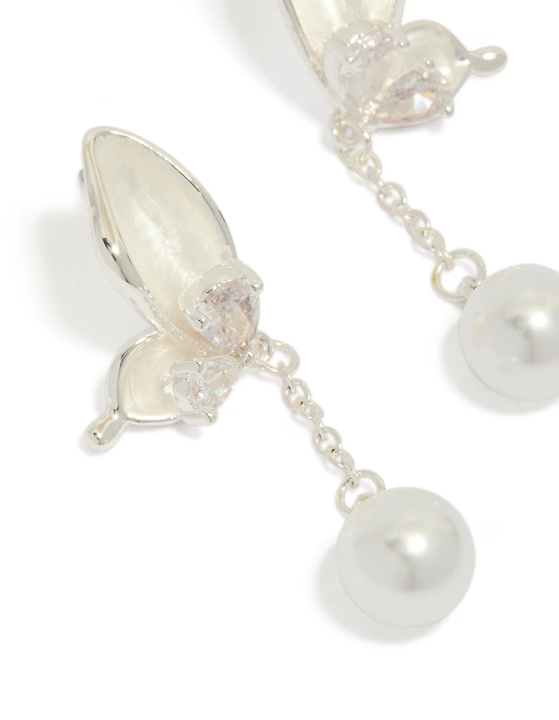 Silver Plated Enamel Butterfly Pearl Drop Earrings