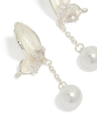 Silver Plated Enamel Butterfly Pearl Drop Earrings