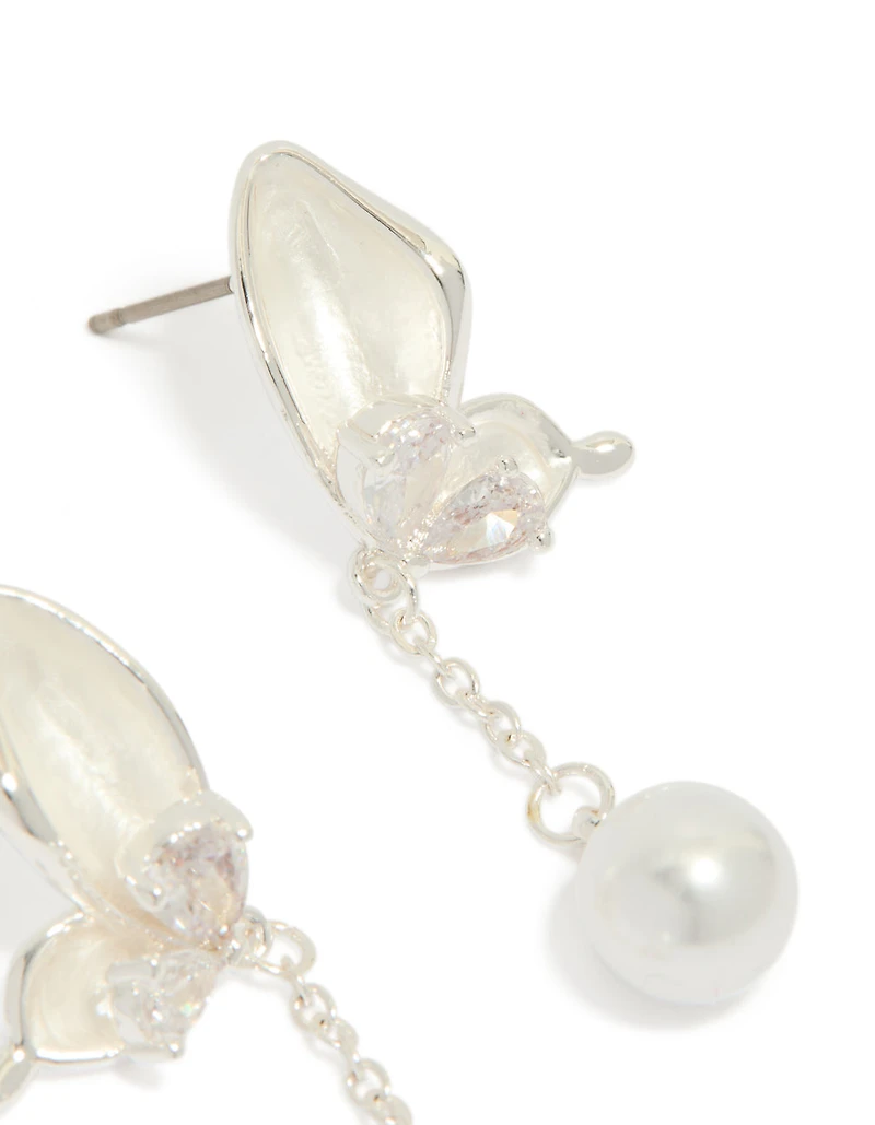 Silver Plated Enamel Butterfly Pearl Drop Earrings