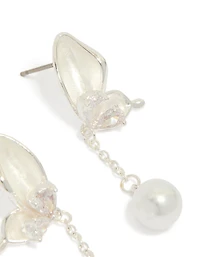 Silver Plated Enamel Butterfly Pearl Drop Earrings