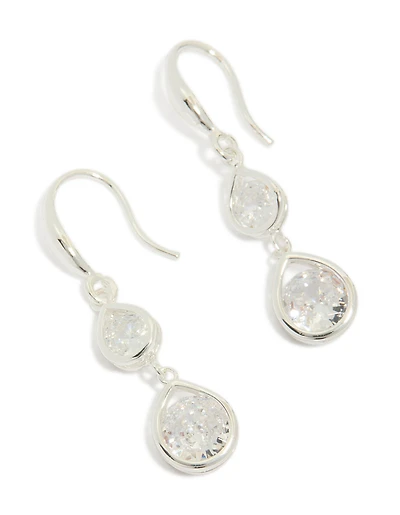 Silver Plated Double Teardrop Cubic Zirconia Hook Earrings