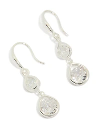 Silver Plated Double Teardrop Cubic Zirconia Hook Earrings