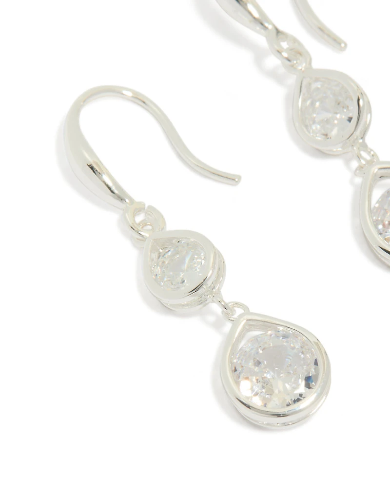 Silver Plated Double Teardrop Cubic Zirconia Hook Earrings