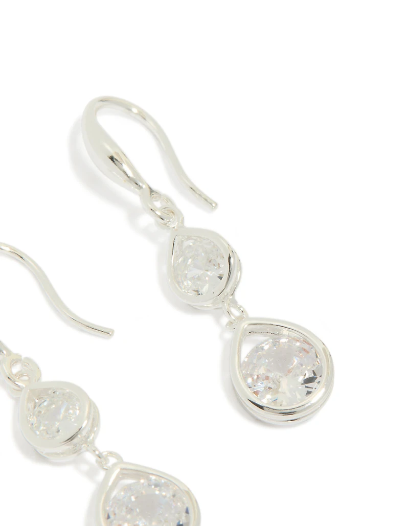 Silver Plated Double Teardrop Cubic Zirconia Hook Earrings