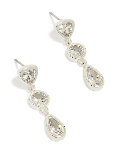Silver Plated Cubic Zirconia Organic Circles Triple Drop Earrings