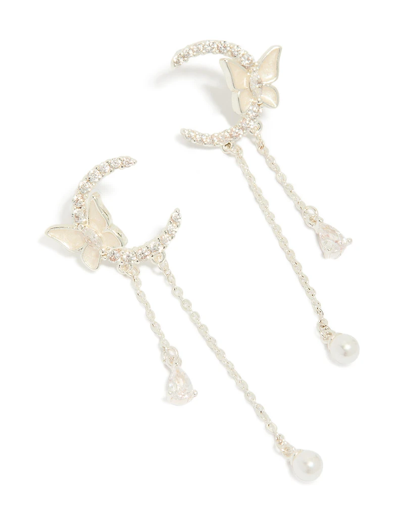 Silver Plated Cubic Zirconia Moon & Butterfly Drop Earrings