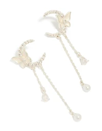 Silver Plated Cubic Zirconia Moon & Butterfly Drop Earrings