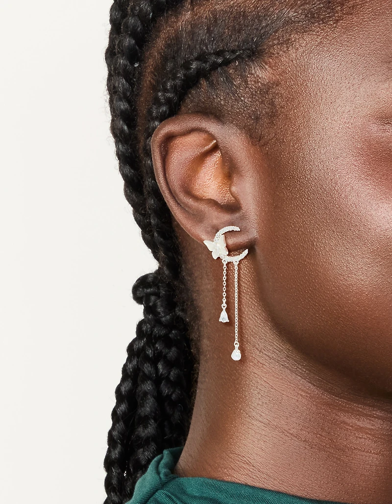 Silver Plated Cubic Zirconia Moon & Butterfly Drop Earrings