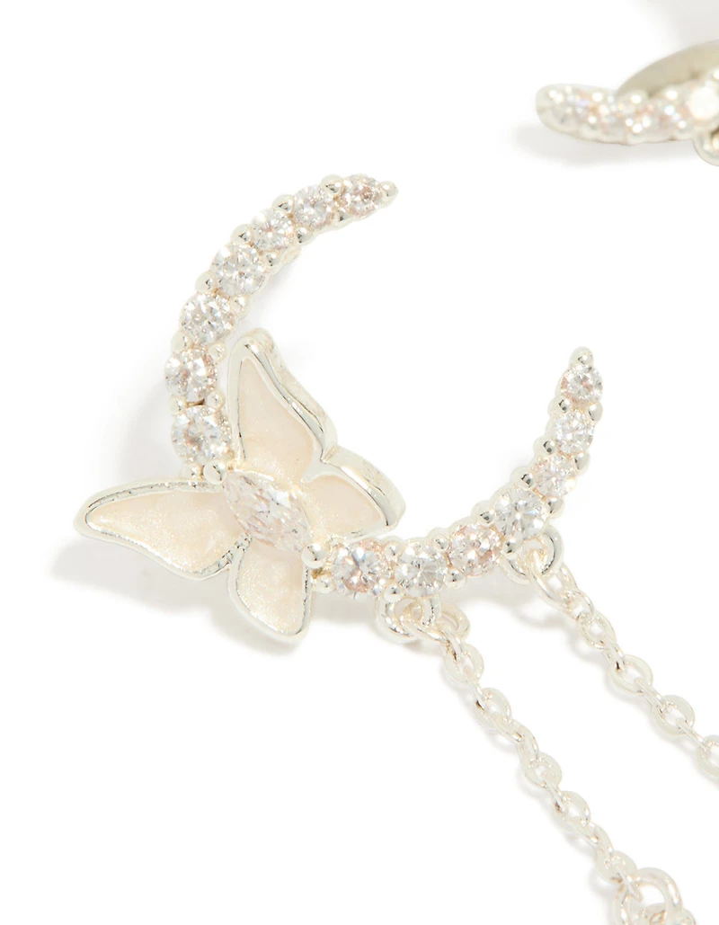 Silver Plated Cubic Zirconia Moon & Butterfly Drop Earrings